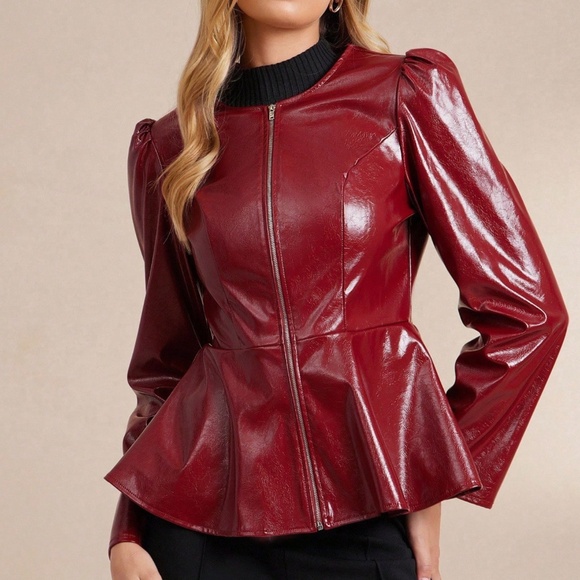 Classic Vegan Leather Zip up Puff Sleeve Flared Hem Jacket - Picture 8 of 10
